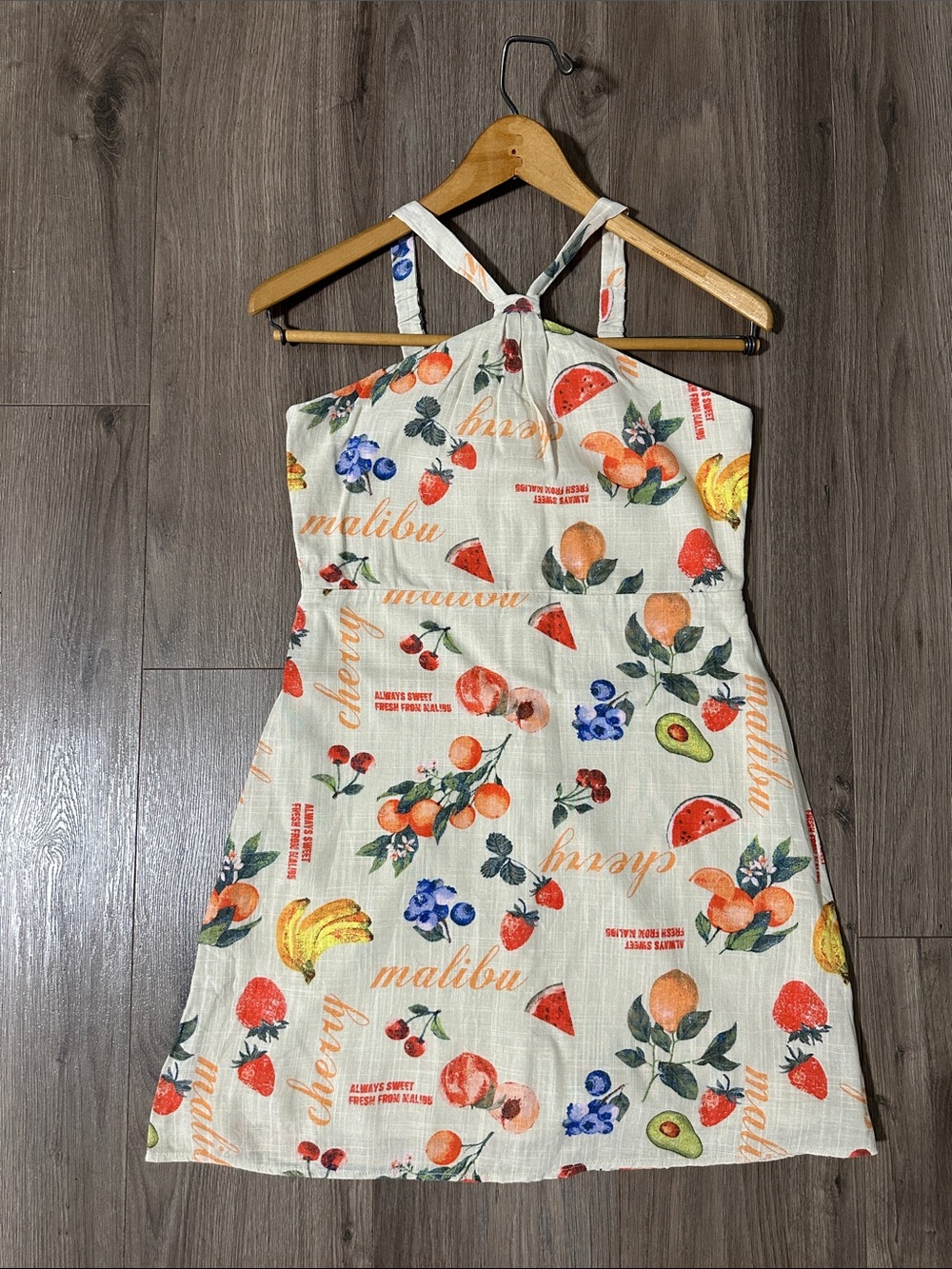 art class Cream Fruit-Print Sundress with Cross Straps Malibu Mini Dress